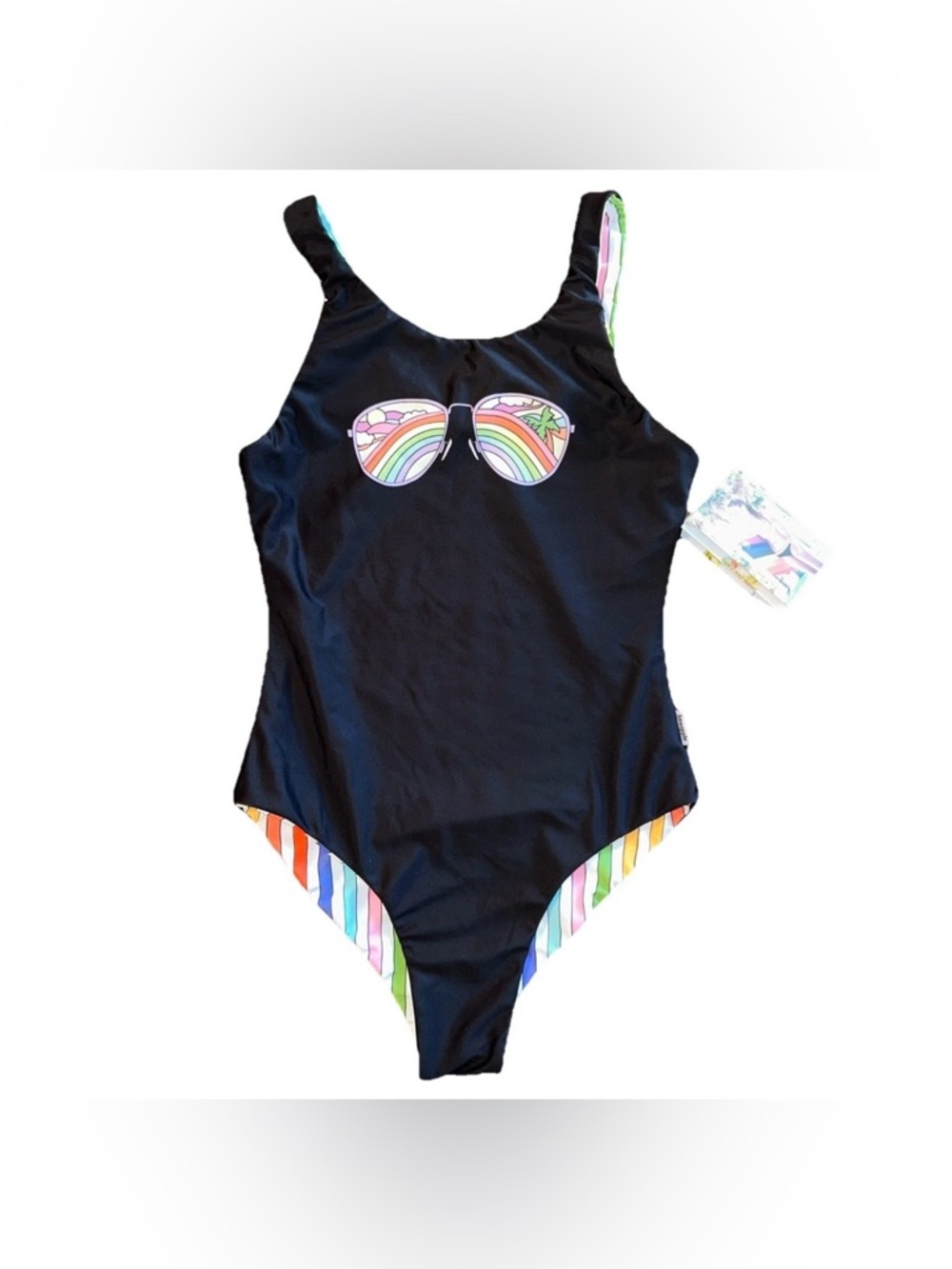 Limeapple Girls Size 12 Rebel Reversible One Piece Swimsuit Rainbow Sunglasses